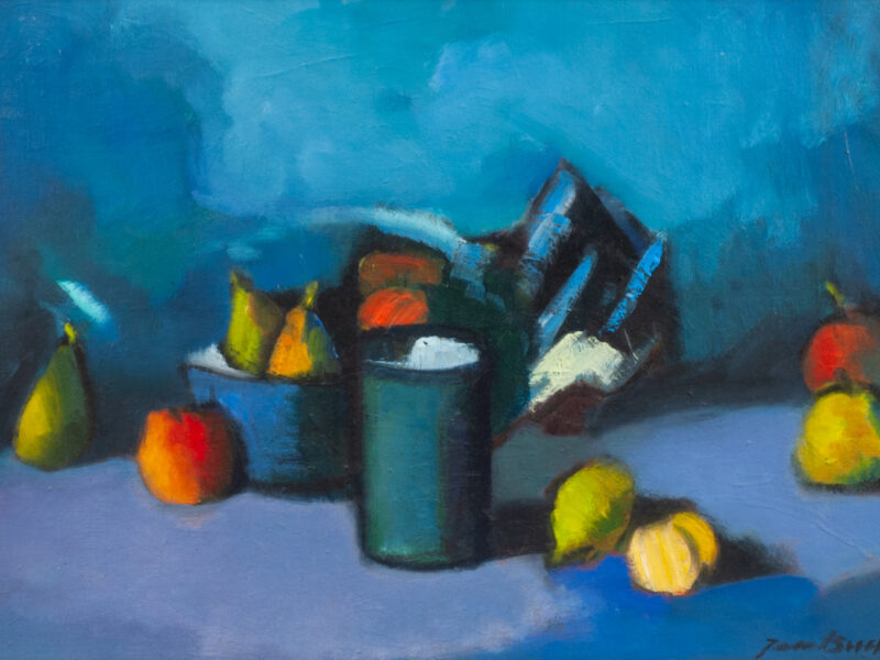 Becher mit Obst, Öl auf Hartfaser, 1995, Jan Buck