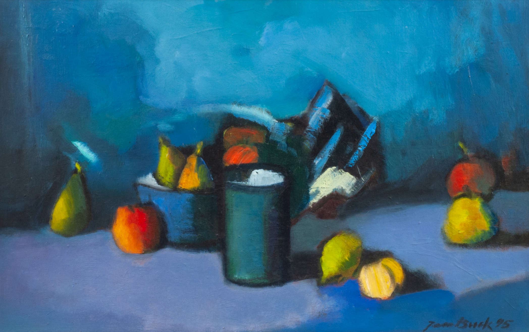 Becher mit Obst, Öl, 1995, Jan Buck