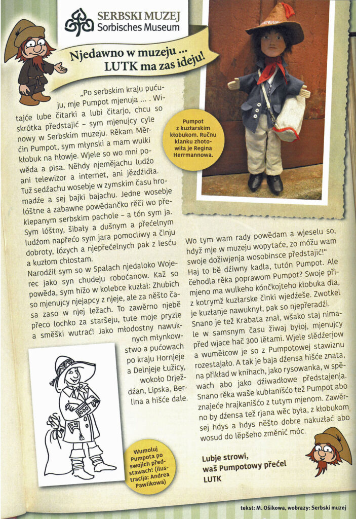Beitragstext in Sorbisch zum Thema Pumphut, einer sorbischen Sagenfigur mit 2 Fotografien. 
