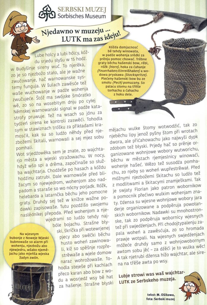 Beitragstext in Sorbisch zum Thema Dorfwächter mit historischen Fotografien. 