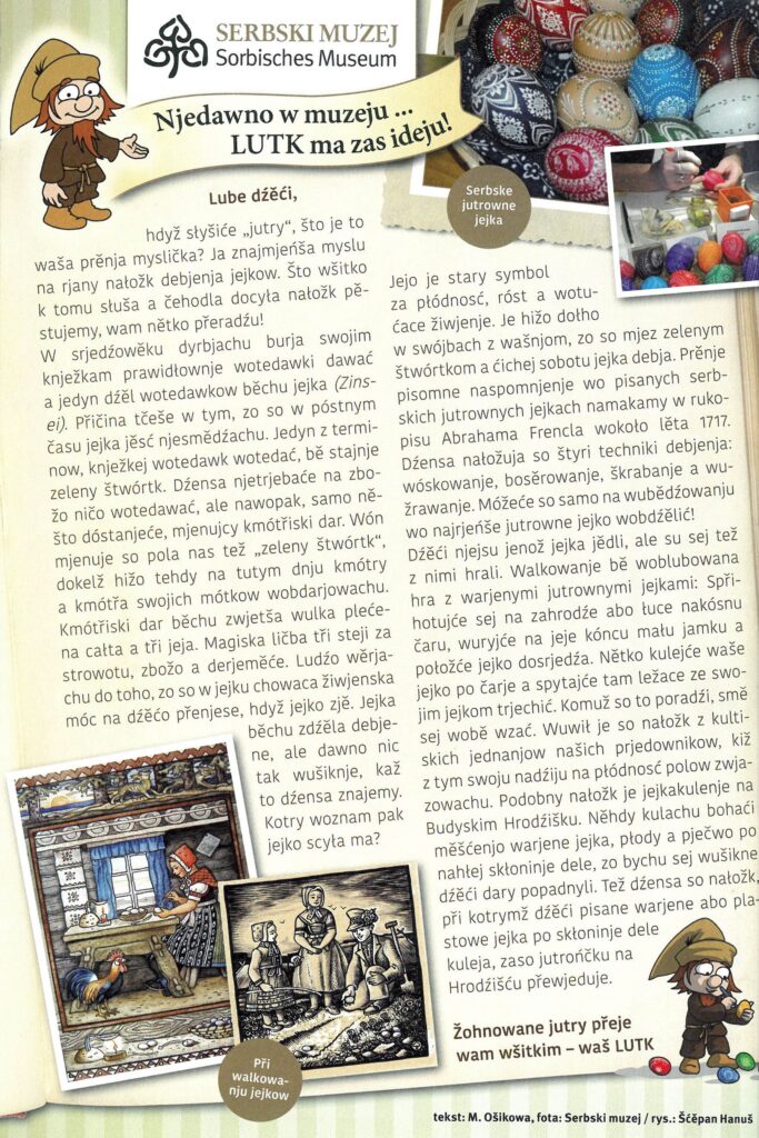 Beitragstext in Sorbisch zum Thema traditionelle Gestaltung von sorbischen Ostereiern mit Fotografien.