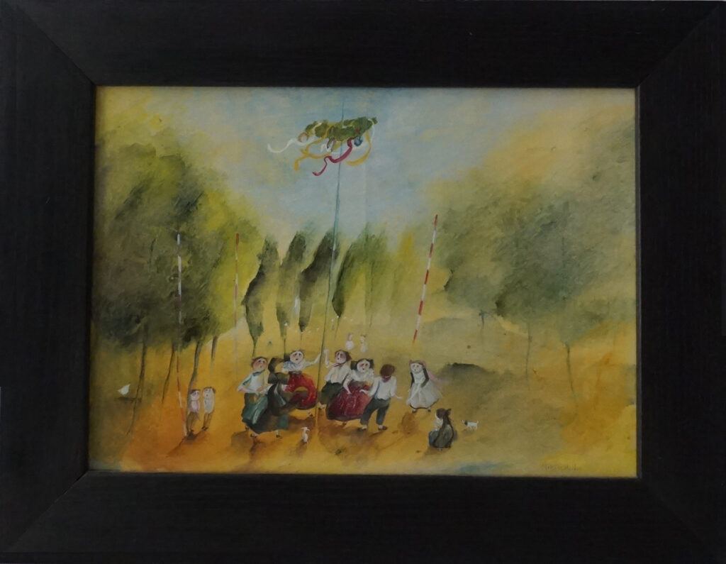 Aquarell von Jutta Mirtschin: Titel "Beschwingt" und zeigt einen Tanz unterm Maibaum