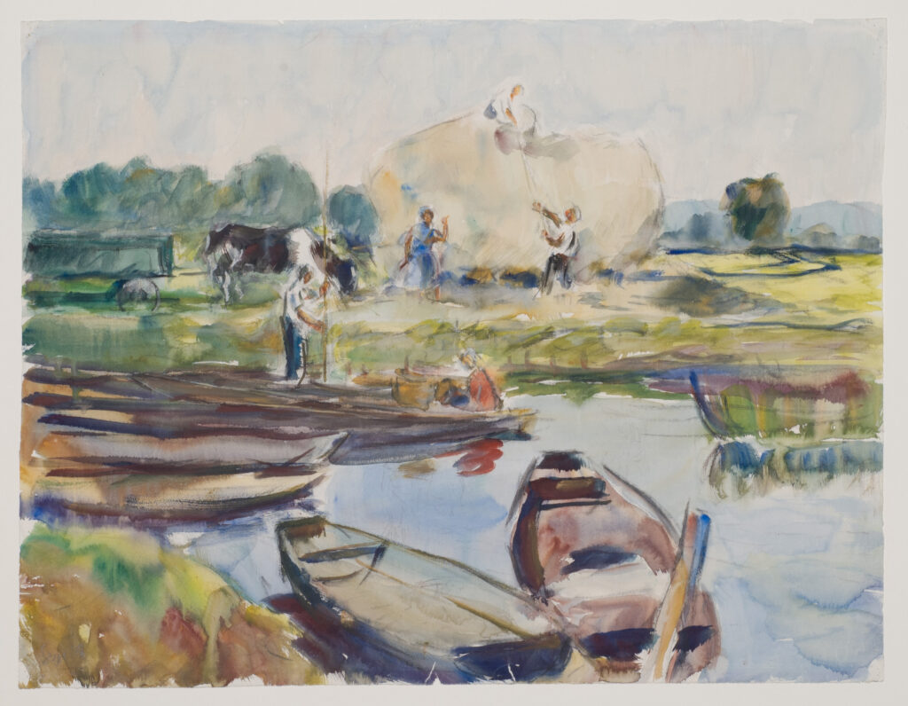 Gemälde, Aquarell. Von Wilhelm Schieber, Titel "Heuernte im Spreewald".